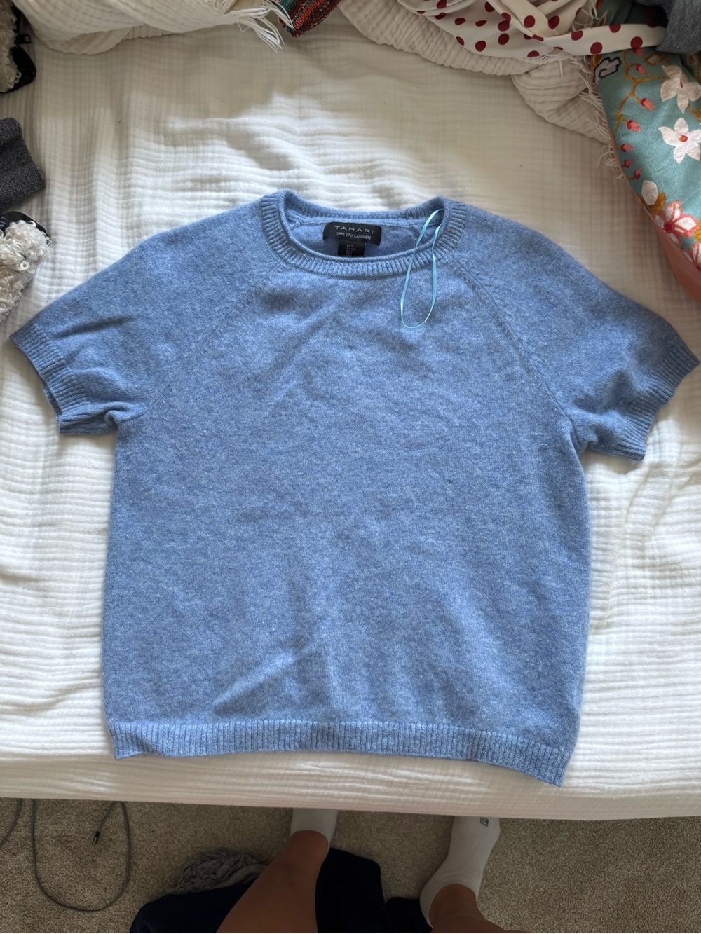 Tahari Baby Blue Short-Sleeve Cashmere-Blend Crewneck Sweater